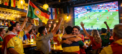 一群球迷在酒吧观看足球比赛并热烈庆祝的欢乐场面